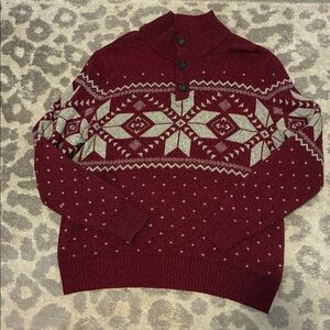 American Eagle Cabincore Red Fair Isle Holiday Sweater Button Mock Neck Large